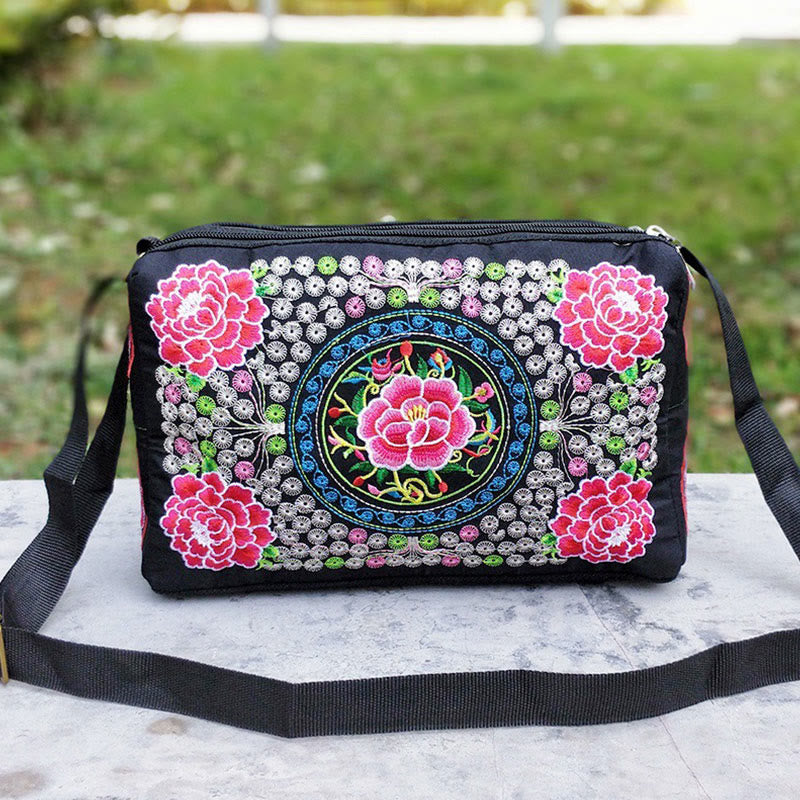 Embroidered Canvas Crossbody Bag with Peony and Peacock Motifs