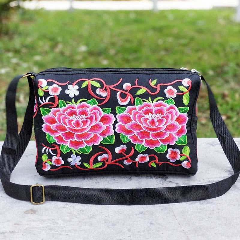 Embroidered Canvas Crossbody Bag with Peony and Peacock Motifs