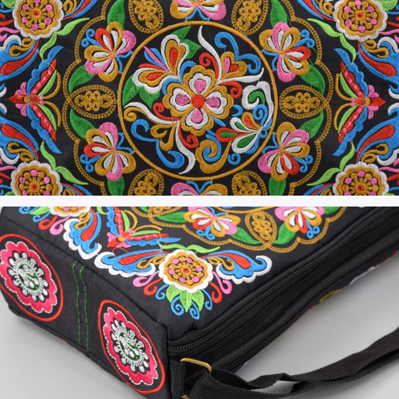 Embroidered Canvas Crossbody Bag with Peony and Peacock Motifs