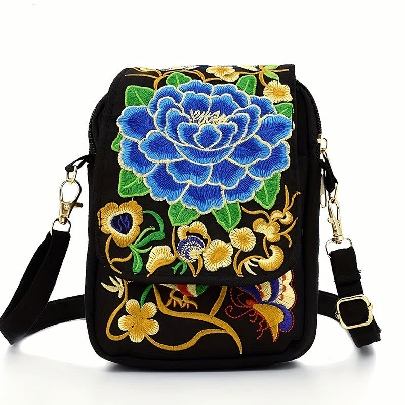 Peony Embroidery Canvas Crossbody Bag | Yoga Bag