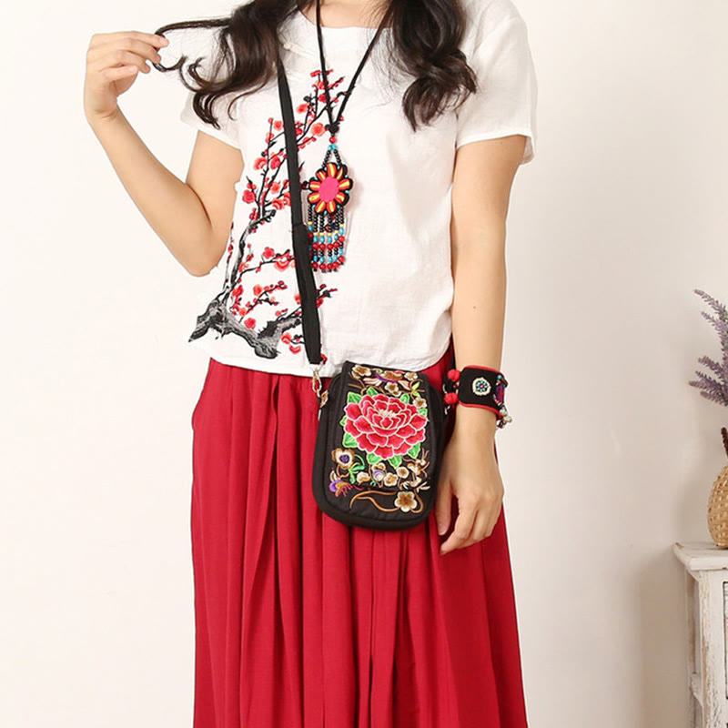 Peony Embroidery Canvas Crossbody Bag | Yoga Bag