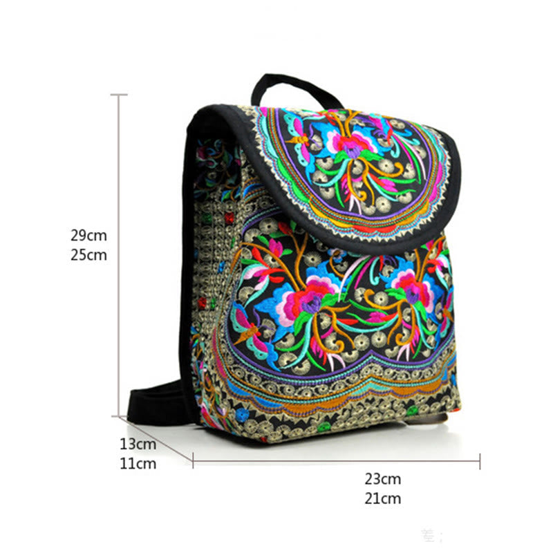 Canvas Backpack with Peony & Chinese Money Tree Embroidery - Prosperity Symbol