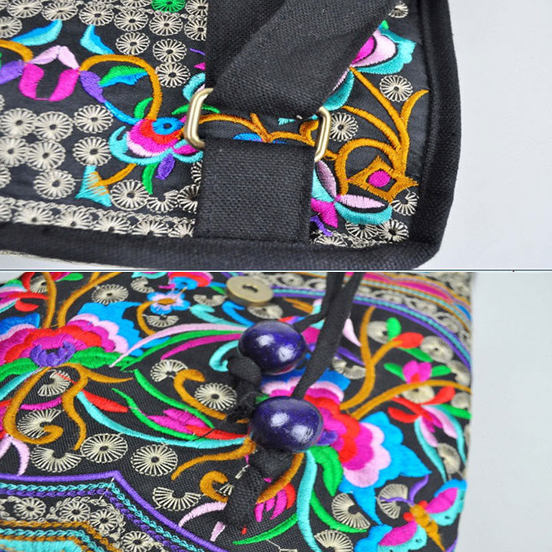 Canvas Backpack with Peony & Chinese Money Tree Embroidery - Prosperity Symbol