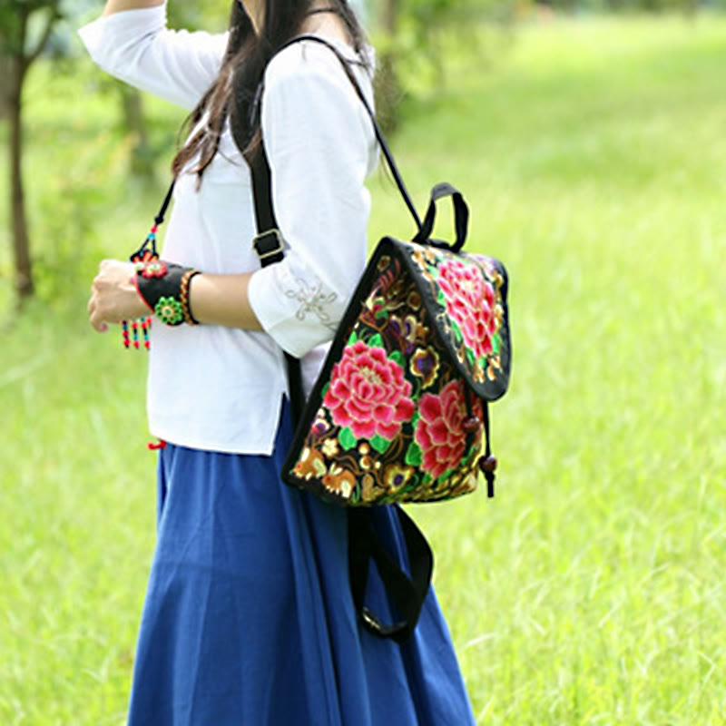 Canvas Backpack with Peony & Chinese Money Tree Embroidery - Prosperity Symbol