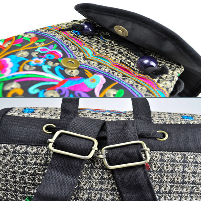 Canvas Backpack with Peony & Chinese Money Tree Embroidery - Prosperity Symbol