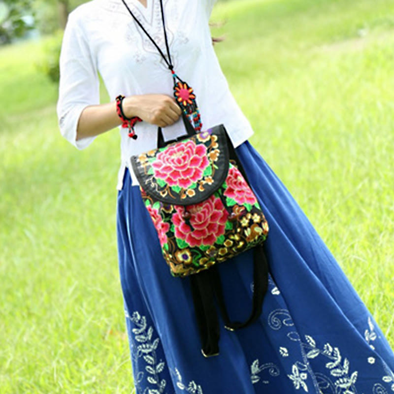 Canvas Backpack with Peony & Chinese Money Tree Embroidery - Prosperity Symbol
