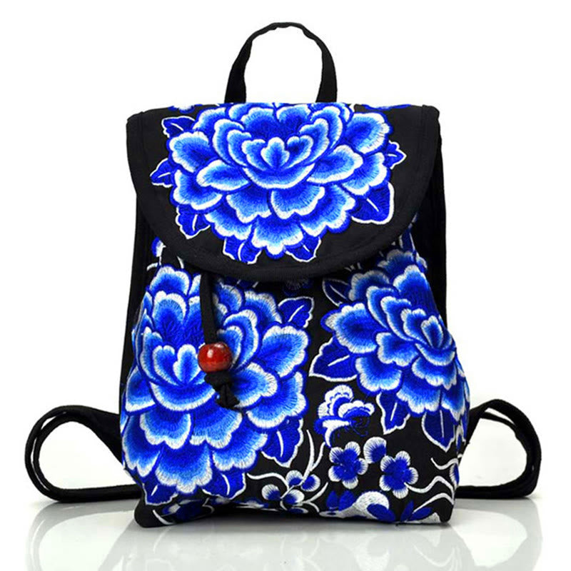 Canvas Backpack with Peony & Chinese Money Tree Embroidery - Prosperity Symbol