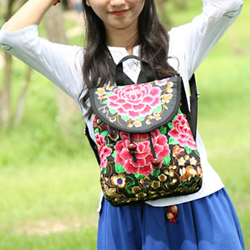 Canvas Backpack with Peony & Chinese Money Tree Embroidery - Prosperity Symbol