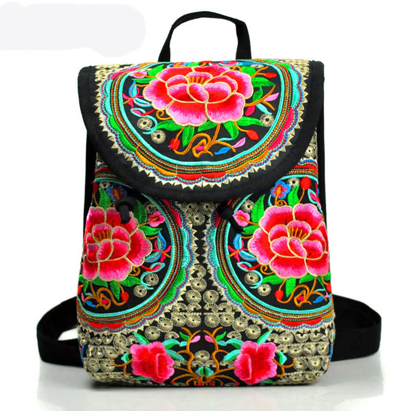 Canvas Backpack with Peony & Chinese Money Tree Embroidery - Prosperity Symbol