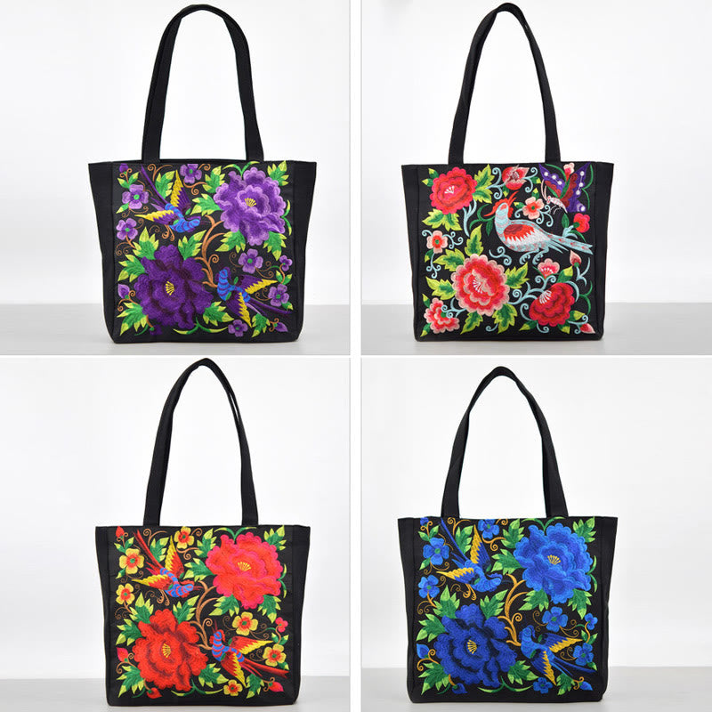 Magpie Embroidery Canvas Bag with Peony & Chrysanthemum Flowers