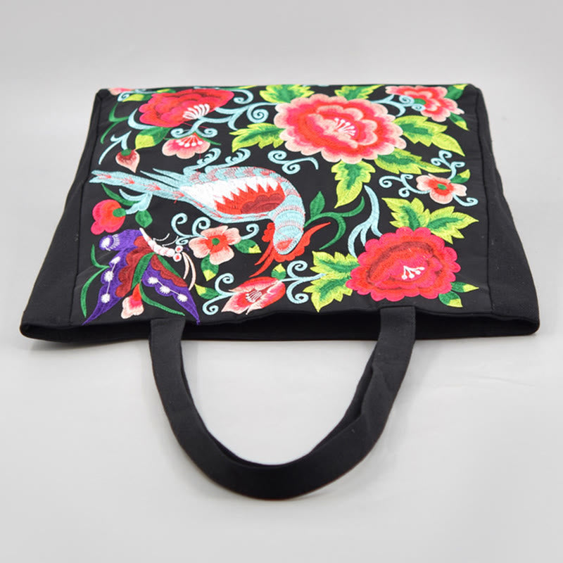 Magpie Embroidery Canvas Bag with Peony & Chrysanthemum Flowers