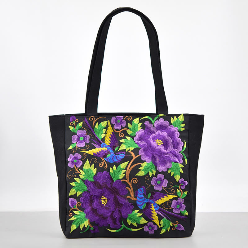 Magpie Embroidery Canvas Bag with Peony & Chrysanthemum Flowers