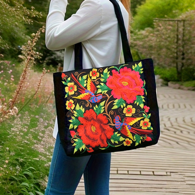 Magpie Embroidery Canvas Bag with Peony & Chrysanthemum Flowers