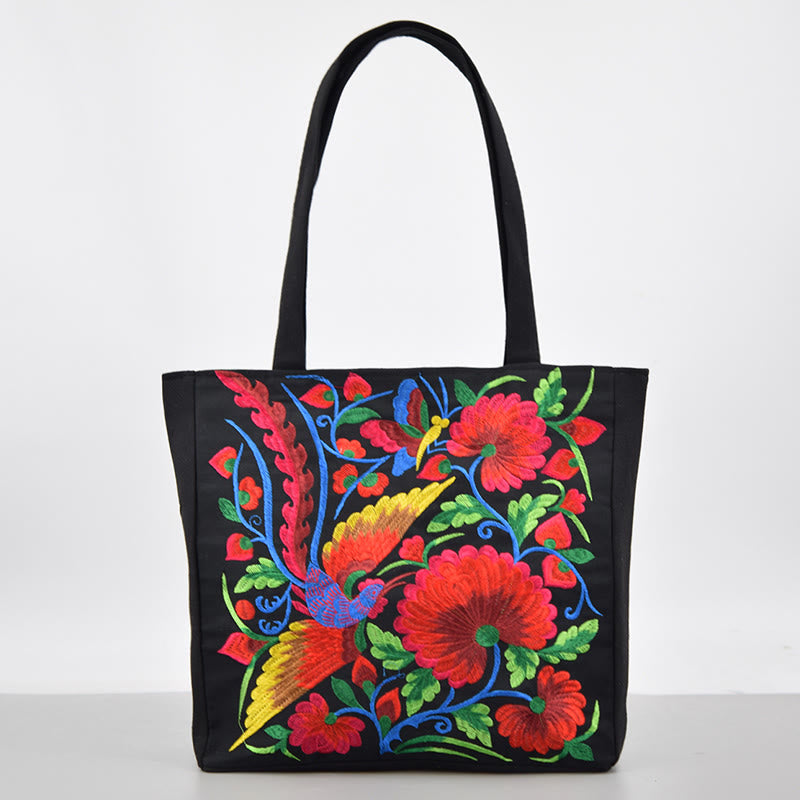 Magpie Embroidery Canvas Bag with Peony & Chrysanthemum Flowers
