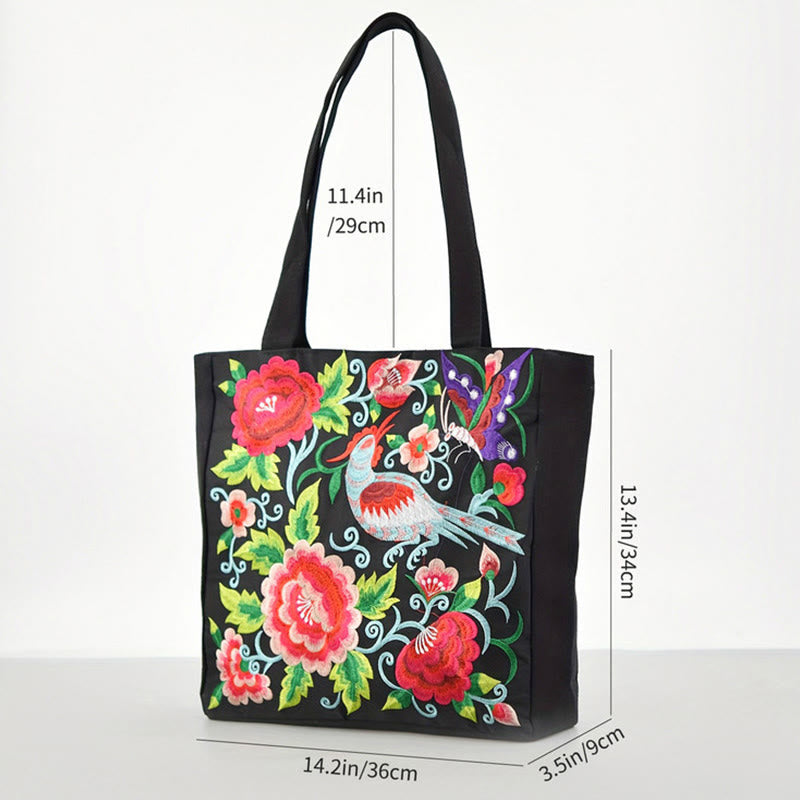 Magpie Embroidery Canvas Bag with Peony & Chrysanthemum Flowers