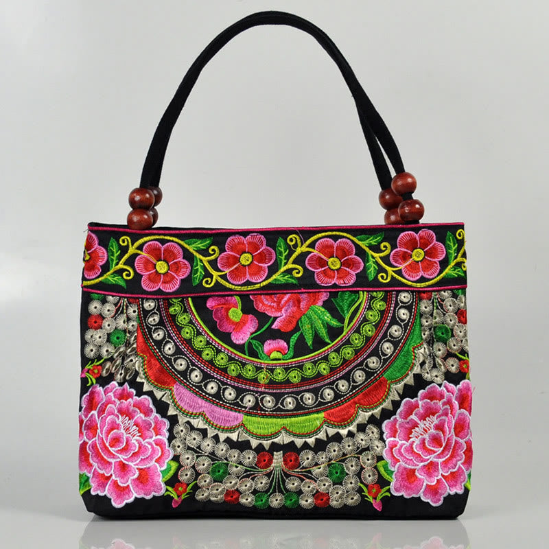 Double-Sided Embroidered Cotton Canvas Handbag with Prosperity Symbols