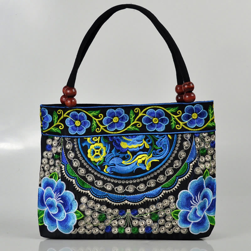 Double-Sided Embroidered Cotton Canvas Handbag with Prosperity Symbols