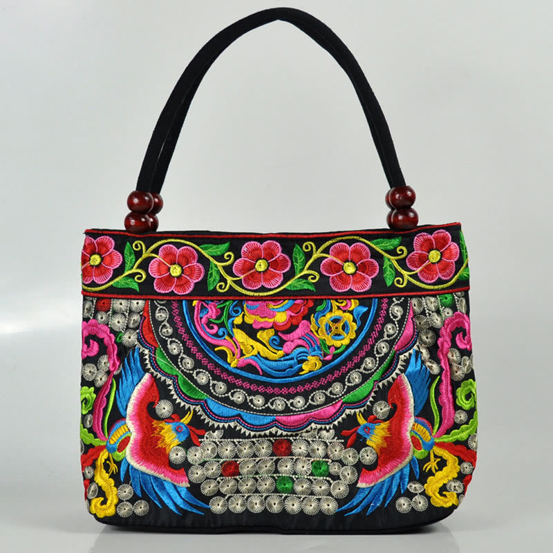 Double-Sided Embroidered Cotton Canvas Handbag with Prosperity Symbols