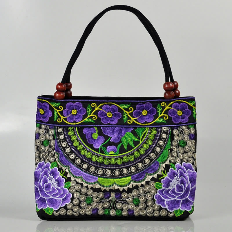 Double-Sided Embroidered Cotton Canvas Handbag with Prosperity Symbols