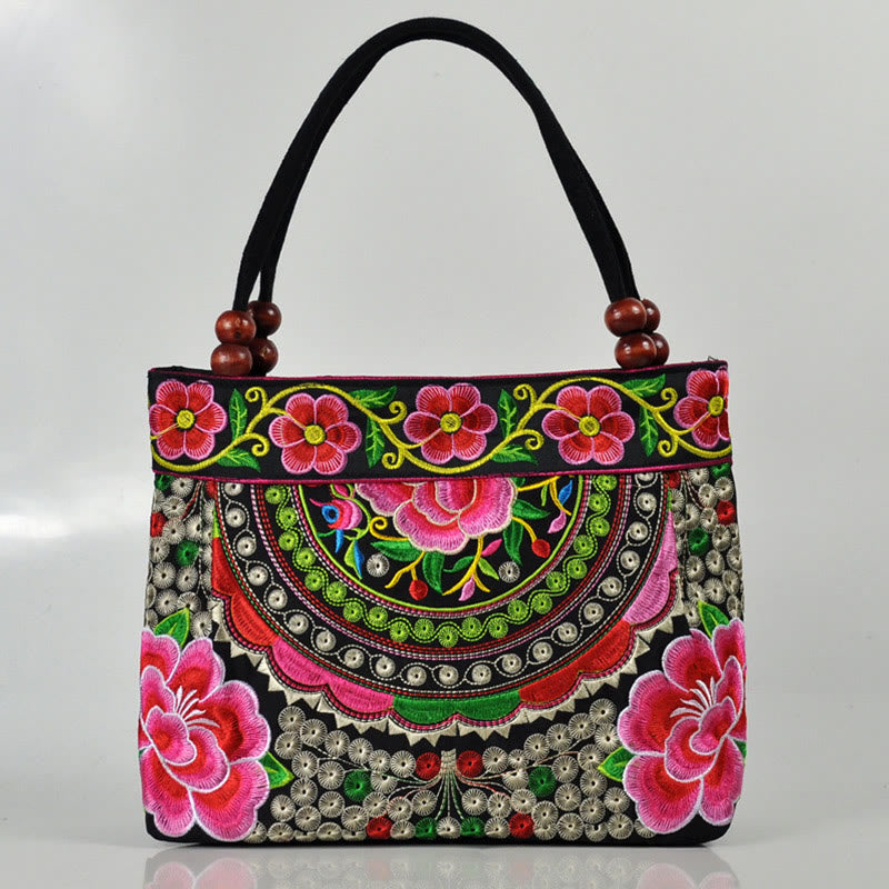 Double-Sided Embroidered Cotton Canvas Handbag with Prosperity Symbols