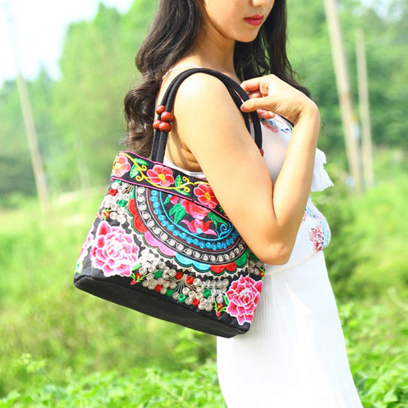 Double-Sided Embroidered Cotton Canvas Handbag with Prosperity Symbols