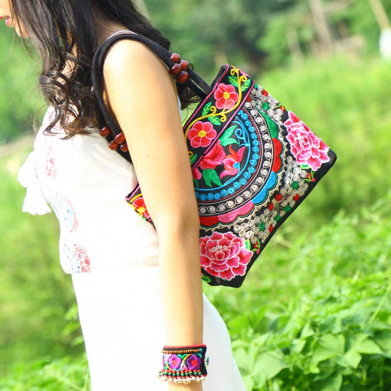 Double-Sided Embroidered Cotton Canvas Handbag with Prosperity Symbols