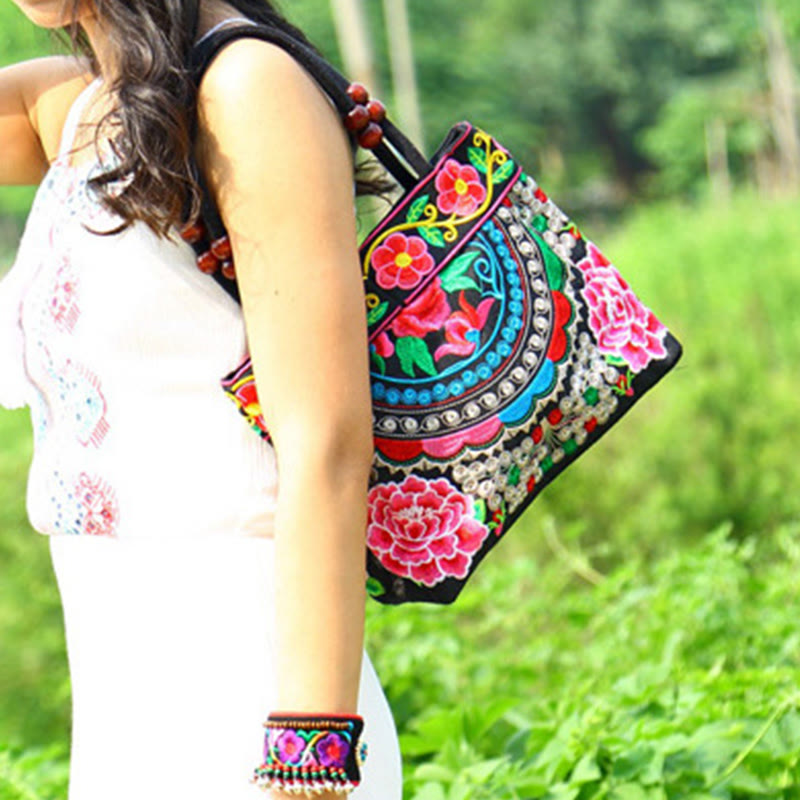 Double-Sided Embroidered Cotton Canvas Handbag with Prosperity Symbols