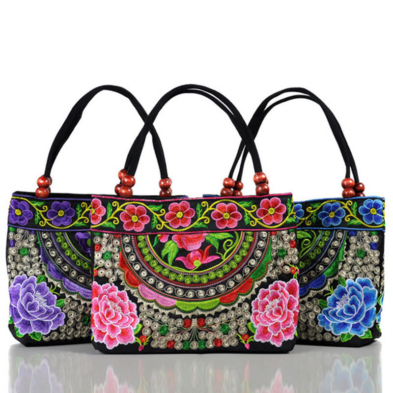 Double-Sided Embroidered Cotton Canvas Handbag with Prosperity Symbols