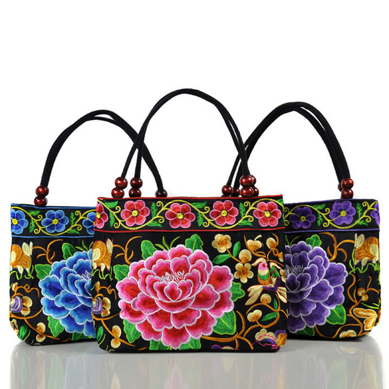 Double-Sided Embroidered Cotton Canvas Handbag with Prosperity Symbols