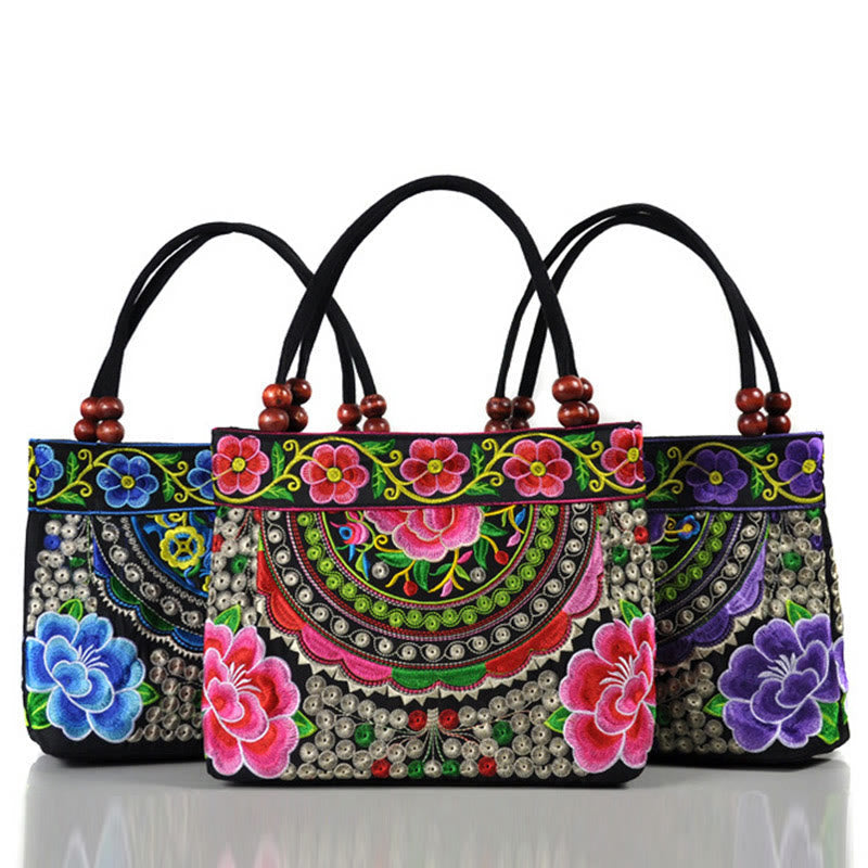 Double-Sided Embroidered Cotton Canvas Handbag with Prosperity Symbols