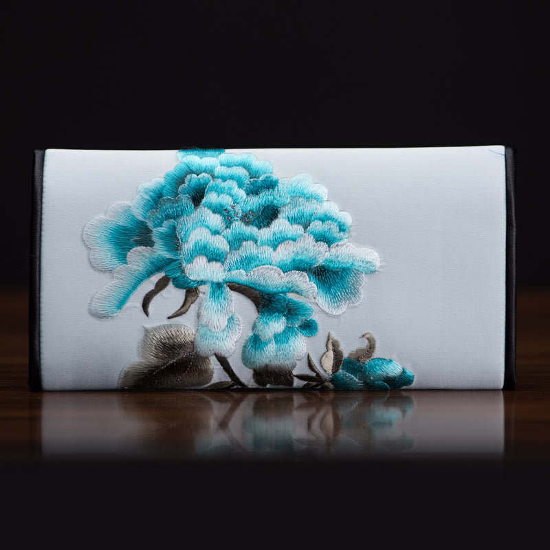 Peony Flower Embroidered Long Purse Handbag 20x10cm