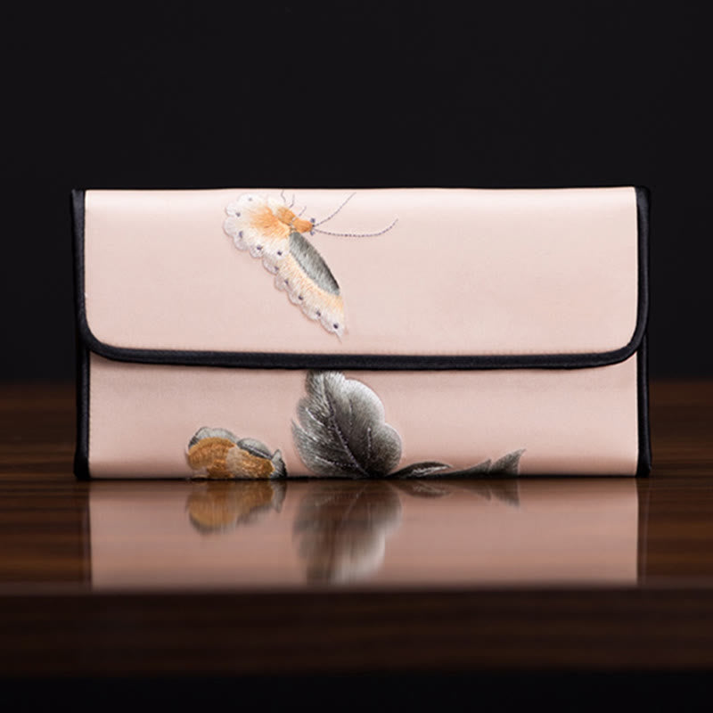 Peony Flower Embroidered Long Purse Handbag 20x10cm