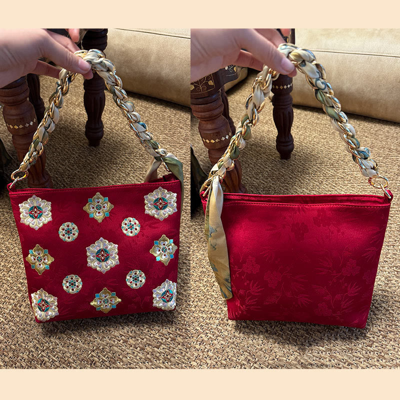 Satin Su Embroidered Crossbody Bag in Green – Elegant Yoga Tote