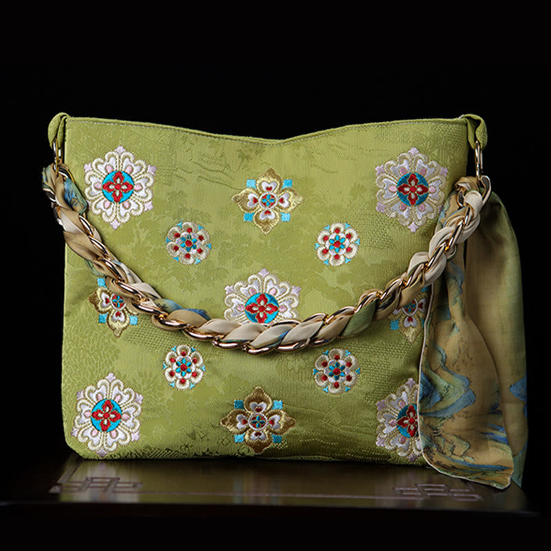 Satin Su Embroidered Crossbody Bag in Green – Elegant Yoga Tote
