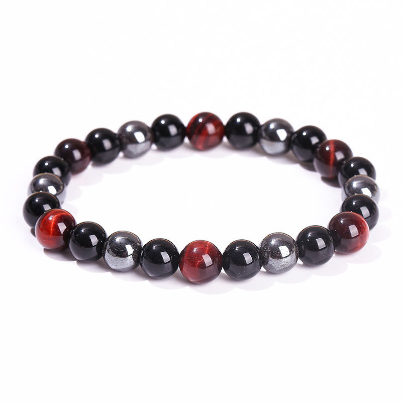 Men's 8mm Tiger Eye Obsidian Hematite Bracelet for Protection
