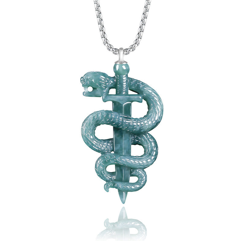 Sterling Silver Jade Snake Sword Necklace for Luck & Protection