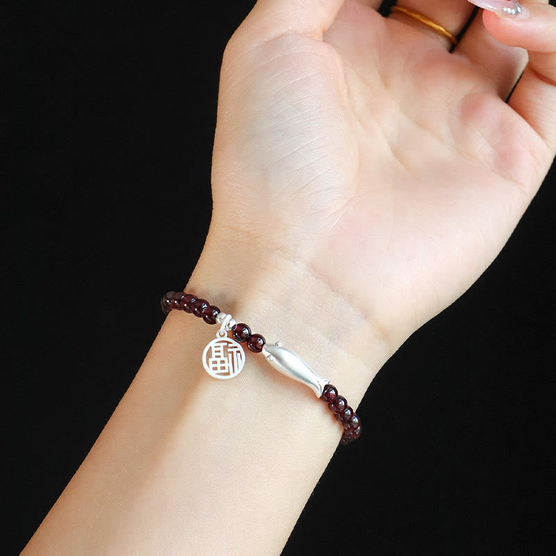 5mm Garnet Purification Bracelet with Sterling Silver Fish & Fu Charm