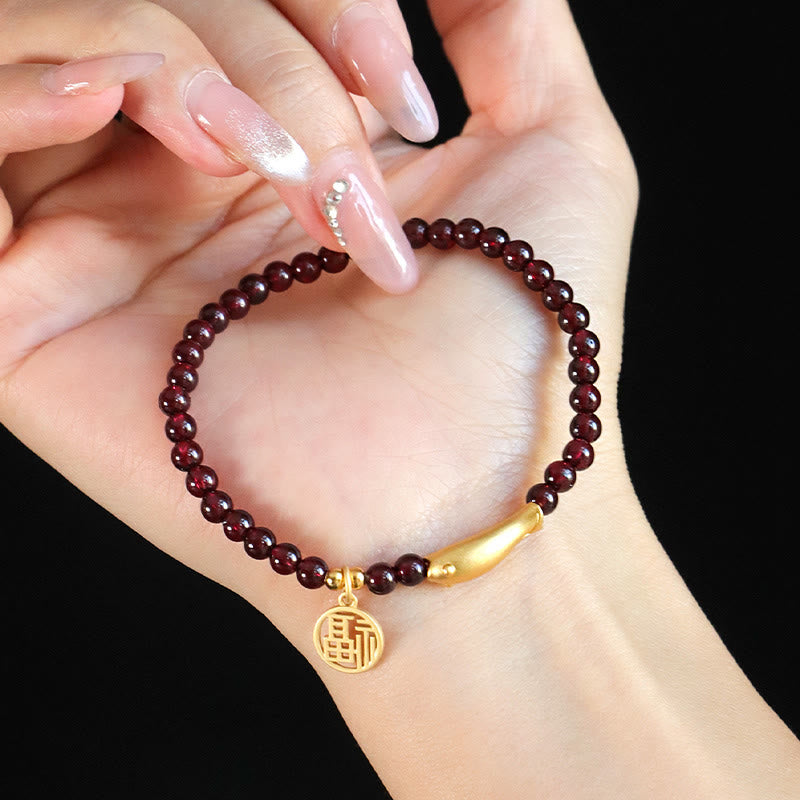5mm Garnet Purification Bracelet with Sterling Silver Fish & Fu Charm