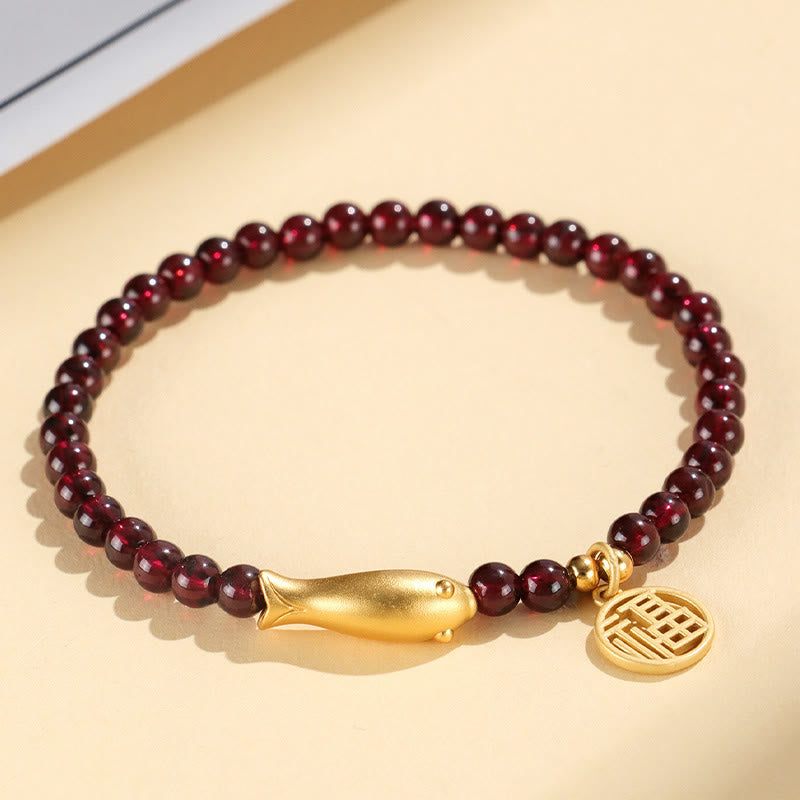 5mm Garnet Purification Bracelet with Sterling Silver Fish & Fu Charm