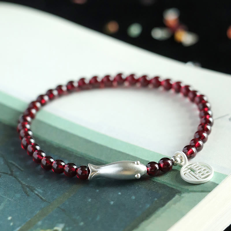 5mm Garnet Purification Bracelet with Sterling Silver Fish & Fu Charm
