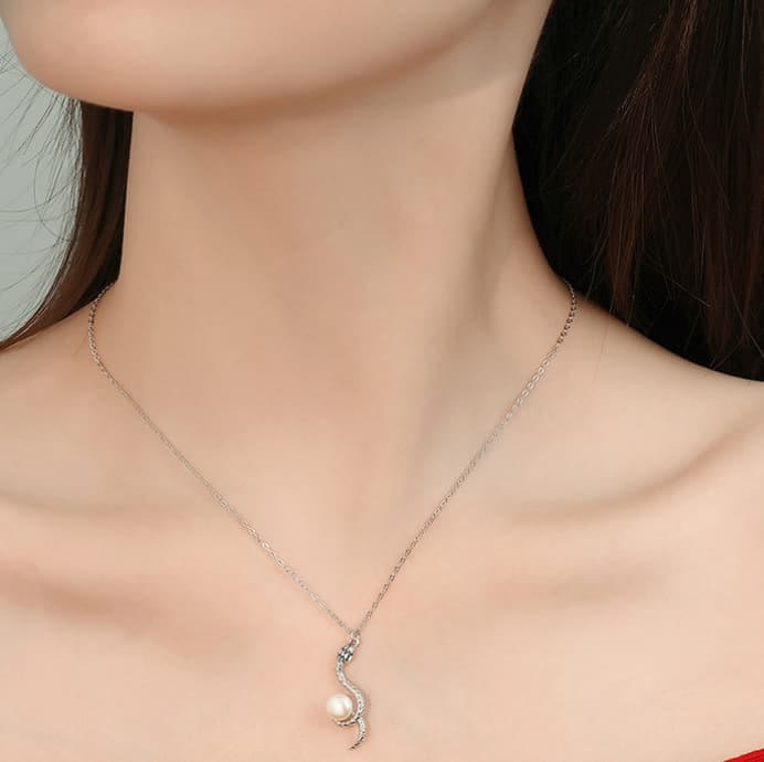 Sterling Silver Snake Pearl Necklace for Wisdom & Protection