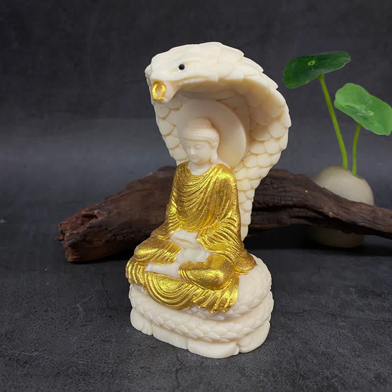 Medium Ivory Fruit Buddha Statue with Snake Lotus Serenity Symbol