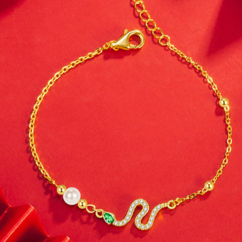 Sterling Silver Snake Pearl Lucky Bracelet