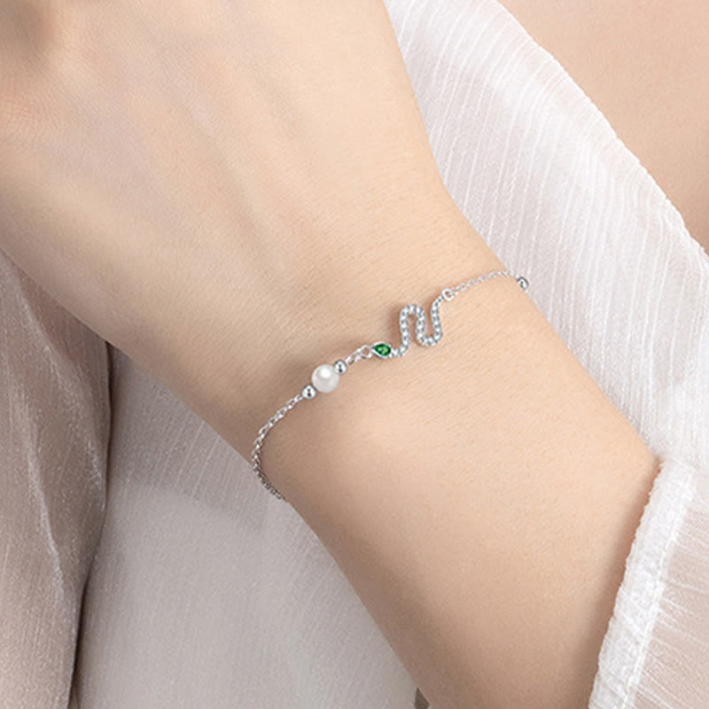 Sterling Silver Snake Pearl Lucky Bracelet