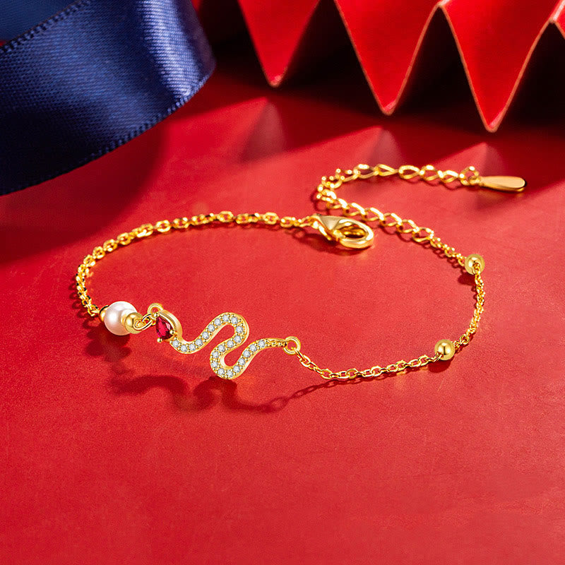 Sterling Silver Snake Pearl Lucky Bracelet