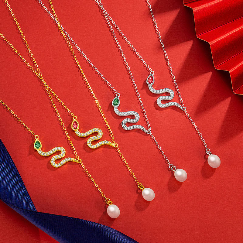 925 Sterling Silver Snake Pendant Pearl Necklace | Protection & Wisdom