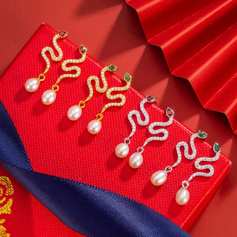 Silver Snake Pearl Earrings - Wisdom & Protection