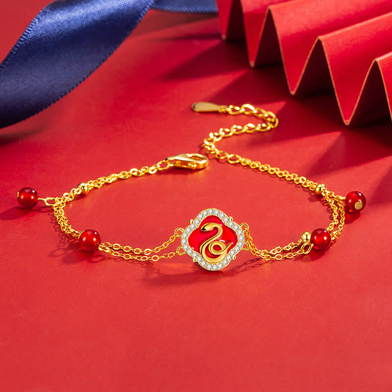 Red Agate Sterling Silver Snake Luck Bracelet