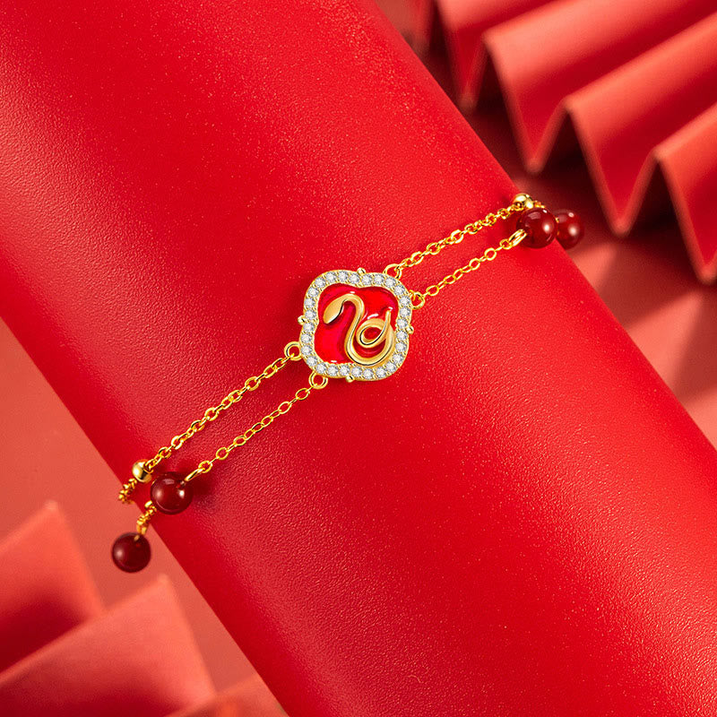 Red Agate Sterling Silver Snake Luck Bracelet