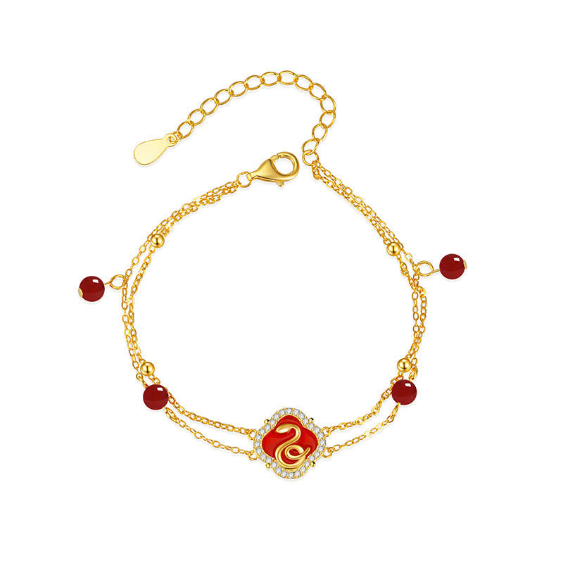 Red Agate Sterling Silver Snake Luck Bracelet